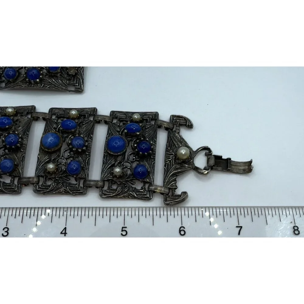 Vintage Silver Blue & White Stone Bracelet Antique Ornate Brutalist Panel Lapis